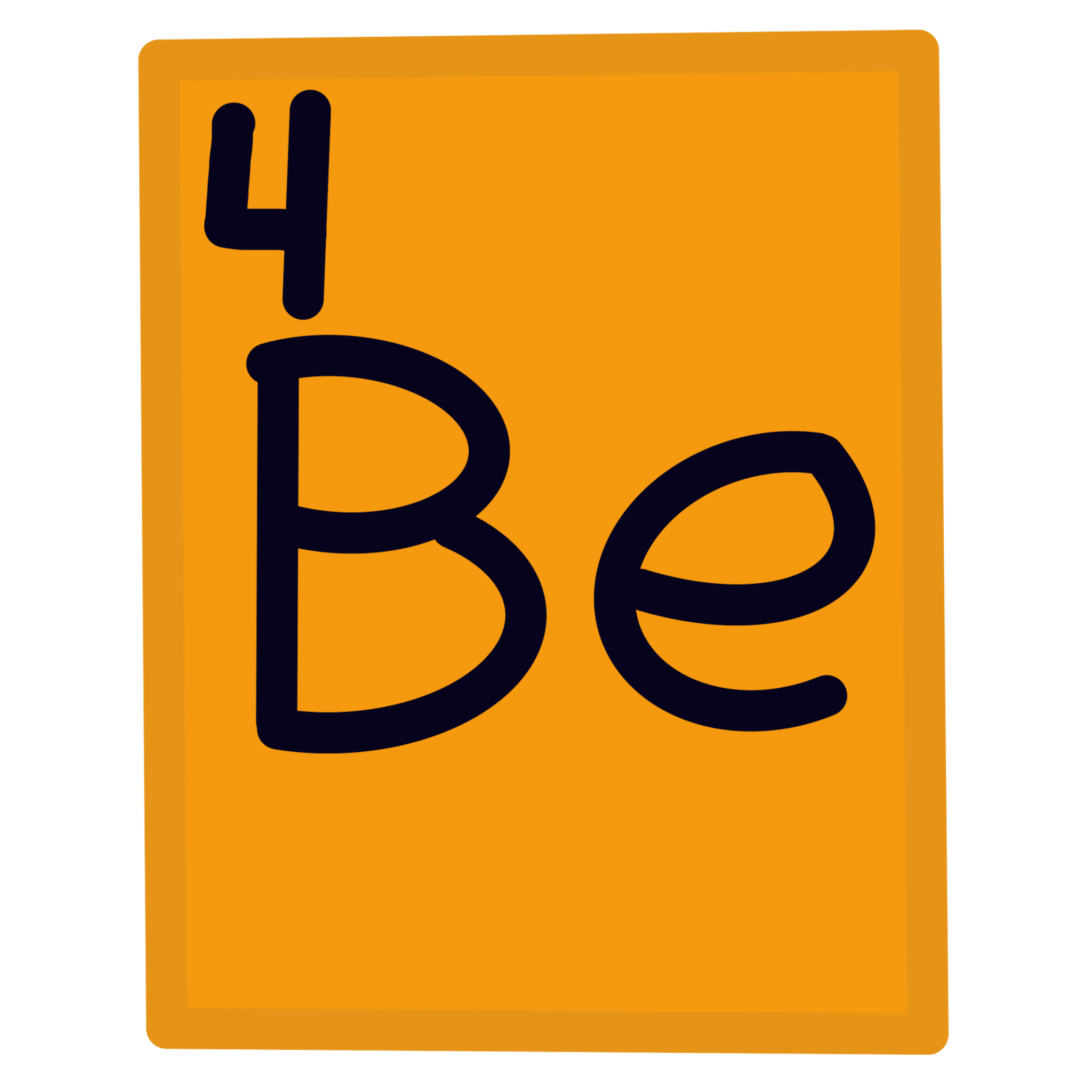 An orange rectangle with a “Be” in the middle of it In the top left corner is a 4